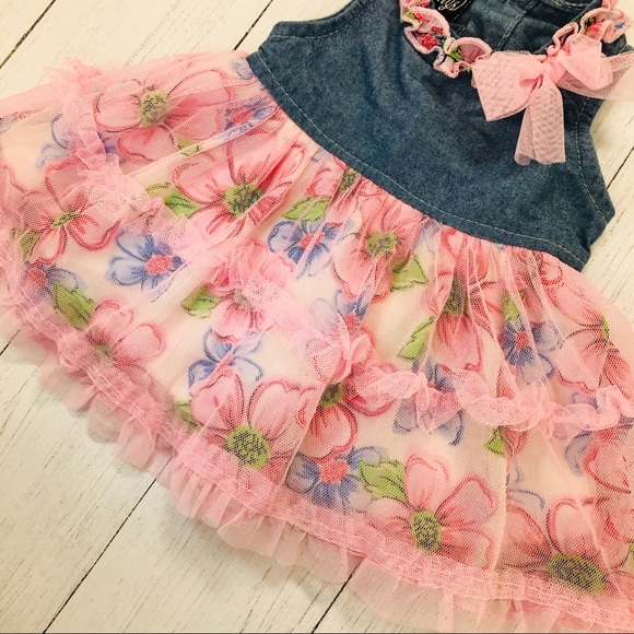 BOGO DDG Darlings Denim & Pink Tulle Flower Print Dress Size 3-6 Months - Picture 3 of 13